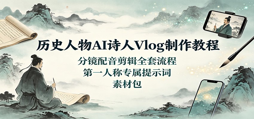 历史人物AI诗人Vlog制作教程：分镜配音剪辑全套流程，第一人称专属提示词素材包-爱搭资源网