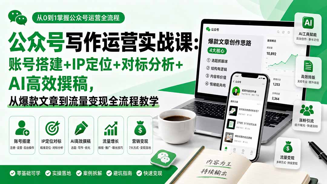 公众号写作运营实战课：账号搭建+IP定位+对标分析+AI高效撰稿，从爆款文章到流量变现全流程教学-爱搭资源网