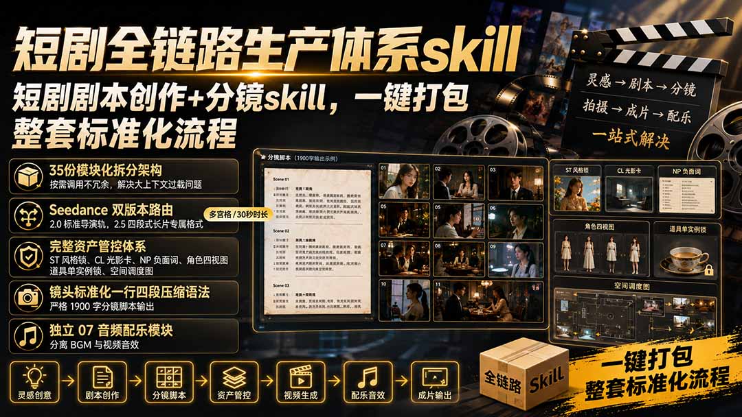 短剧全链路生产体系skill，短剧剧本创作+分镜skill，一键打包，整套标准化流程-爱搭资源网