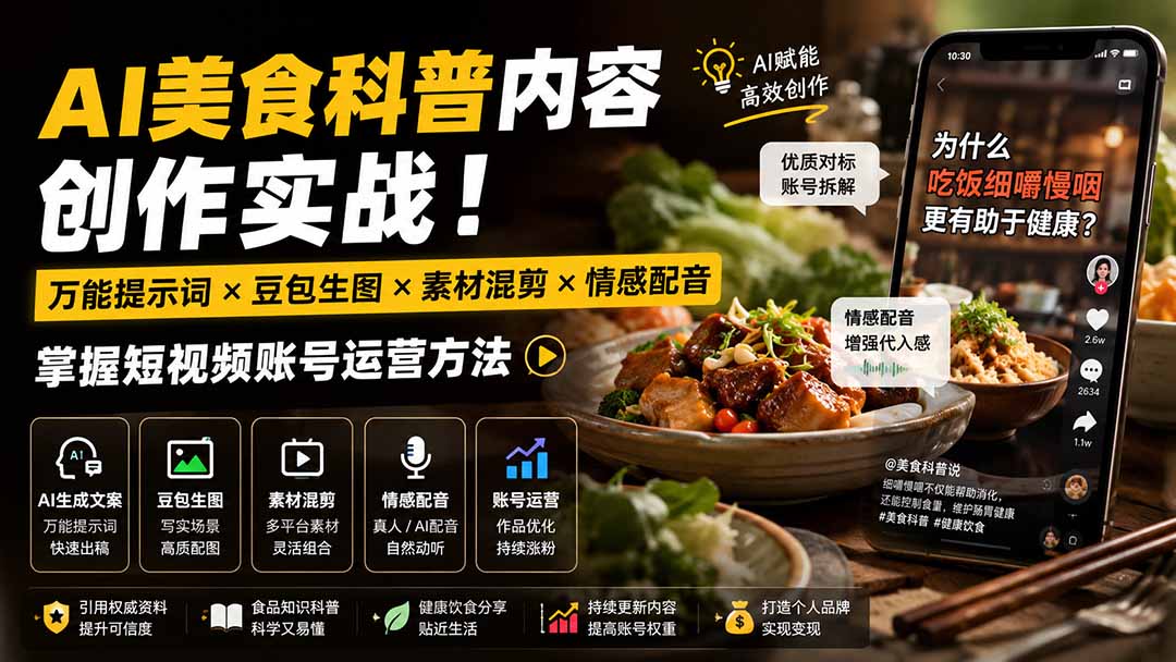 外面卖199元-AI美食科普内容创作实战！万能提示词×豆包生图×素材混剪×情感配音，掌握短视频账号运营方法-爱搭资源网
