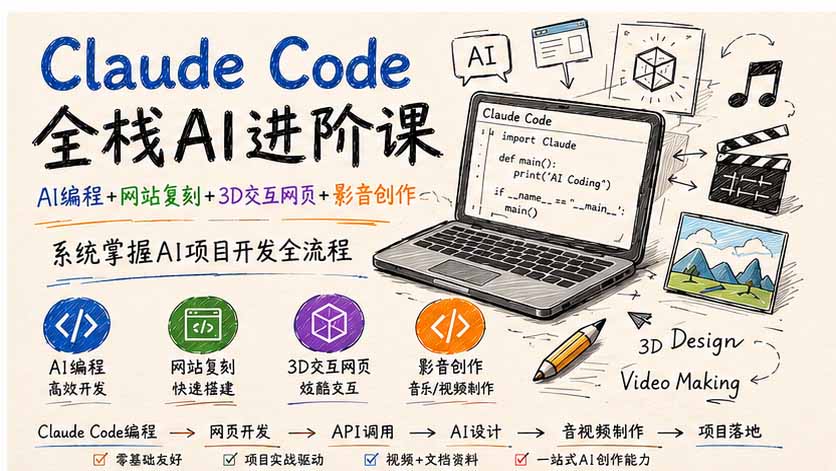 Claude Code全栈AI进阶课；AI编程+网站复刻+3D交互网页+影音创作，系统掌握AI项目开发全流程-爱搭资源网