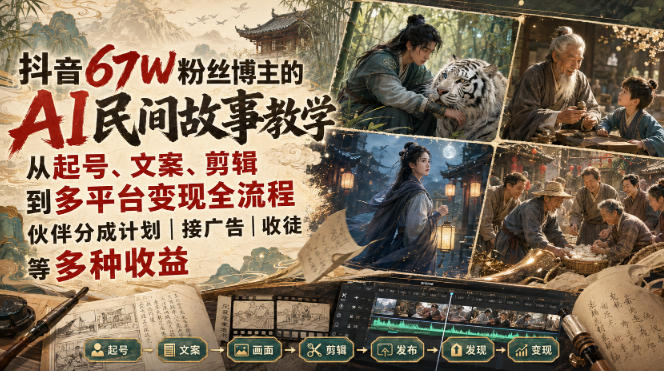 抖音67W粉丝博主的AI民间故事教学，从起号、文案、剪辑到多平台变现全流程，伙伴分成计划接广告等多种收益，月入1W+-爱搭资源网