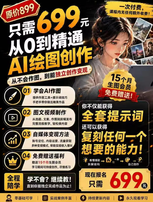 抖音10W粉丝博主的AI绘图教学，从0到精通AI绘图创作，从不会作图到能独立创作变现-爱搭资源网