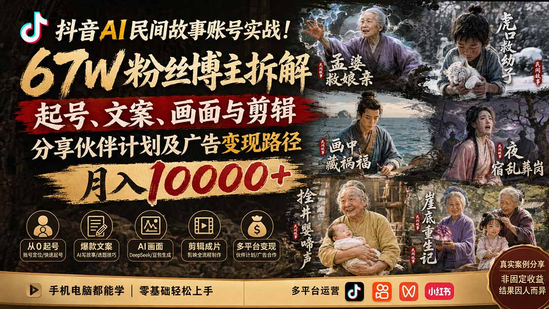 抖音AI民间故事账号实战！67W粉丝博主拆解起号、文案、画面与剪辑，分享伙伴计划及广告变现路径，月入10000+-爱搭资源网