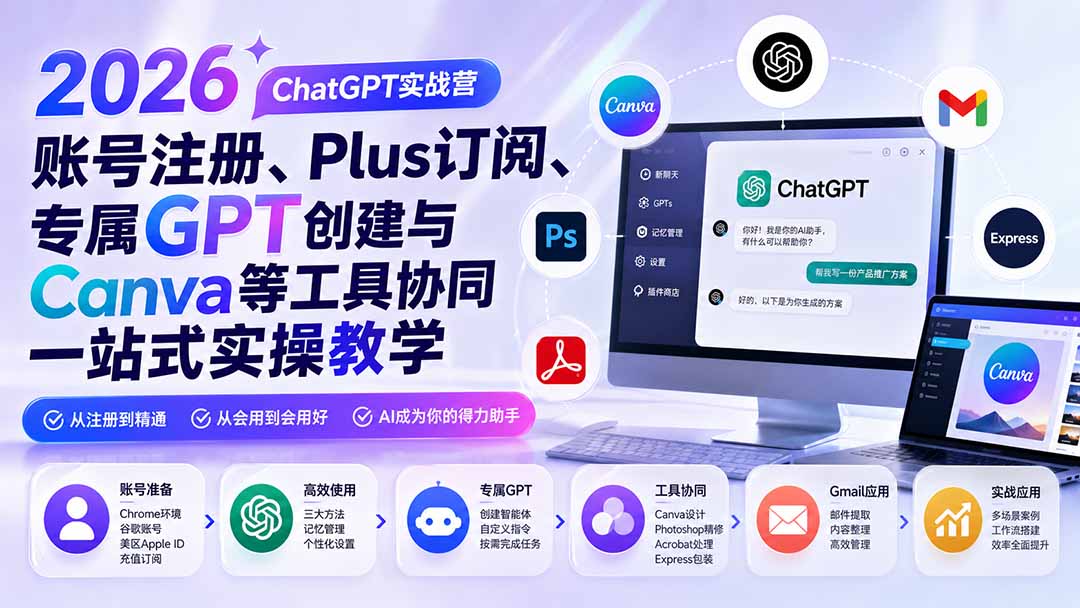 2026 ChatGPT实战营；账号注册、Plus订阅、专属GPT创建与Canva等工具协同一站式实操教学-爱搭资源网