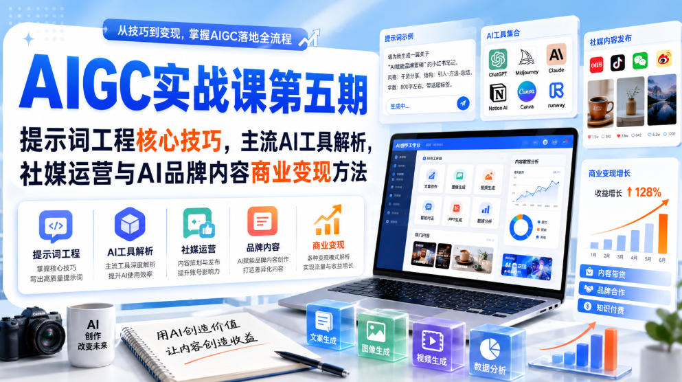 刺猬星球·AIGC实战课第五期，提示词工程核心技巧，主流AI工具解析，社媒运营与AI品牌内容商业变现方法-爱搭资源网