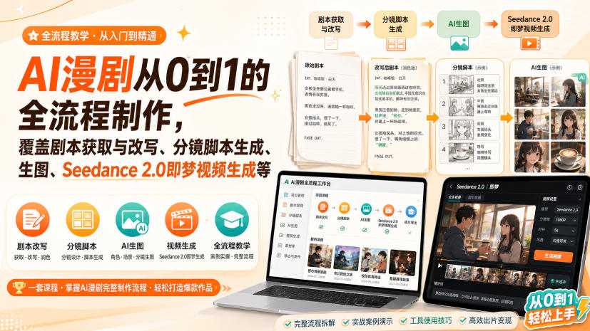 AI漫剧从0到1的全流程制作，覆盖剧本获取与改写、分镜脚本生成、角色场景生图与三视图、Seedance 2.0即梦视频生成(PDF版)-爱搭资源网
