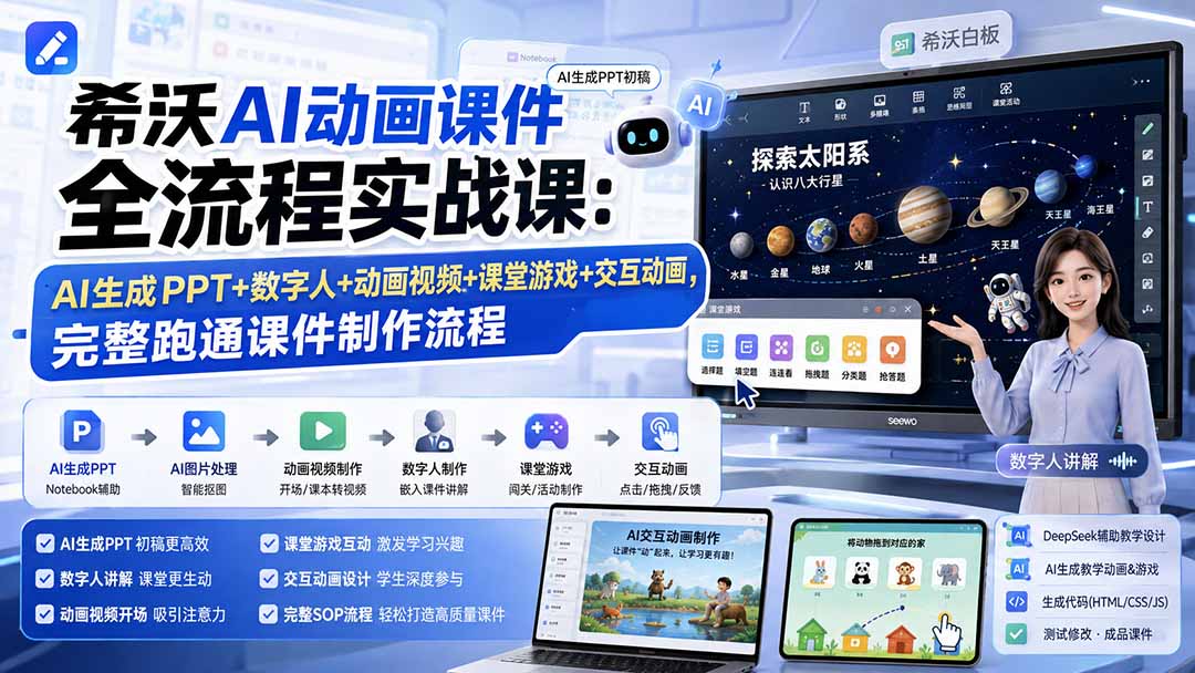 希沃AI动画课件全流程实战课：AI生成PPT+数字人+动画视频+课堂游戏+交互动画，完整跑通课件制作流程-爱搭资源网