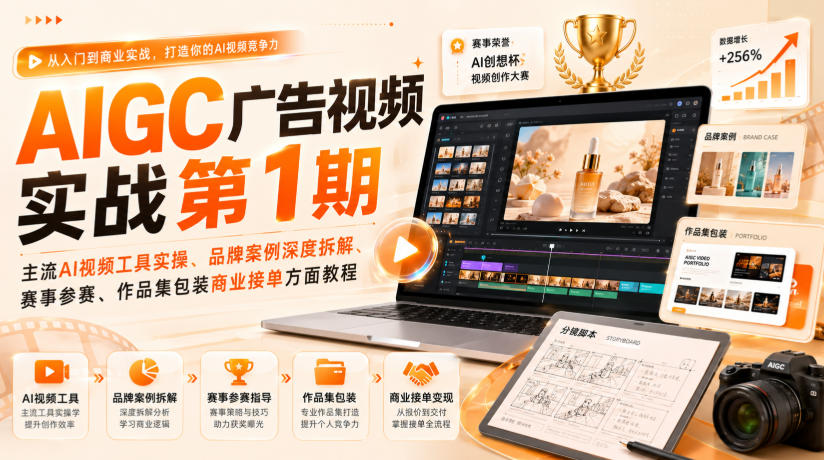 AIGC广告视频实战第1期，主流AI视频工具实操、品牌案例深度拆解、赛事参赛、作品集包装商业接单方面教程-爱搭资源网