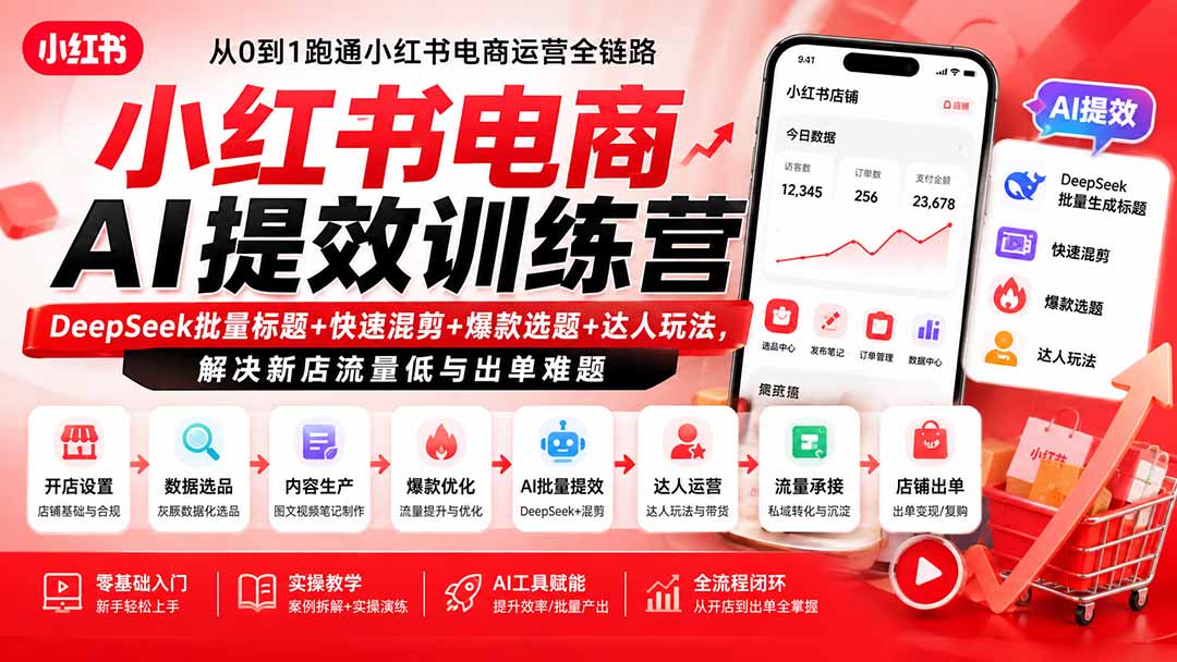 小红书电商AI提效训练营—DeepSeek批量标题+快速混剪+爆款选题+达人玩法，解决新店流量低与出单难题-爱搭资源网