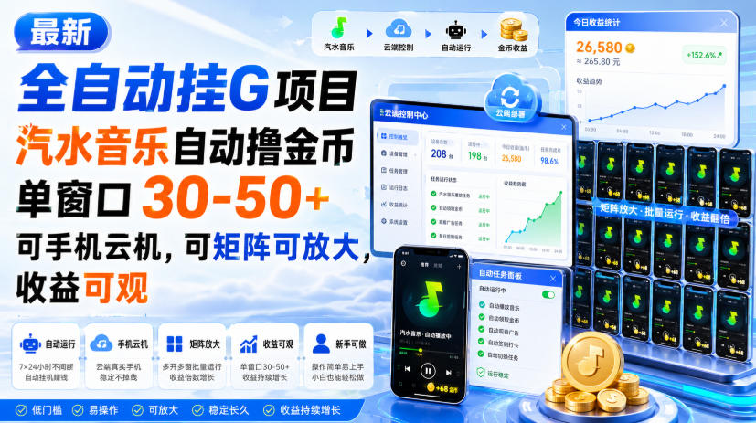 最新全自动挂G项目，汽水音乐自动撸金币单窗口30-50+，可手机云机，可矩阵可放大，收益可观-爱搭资源网