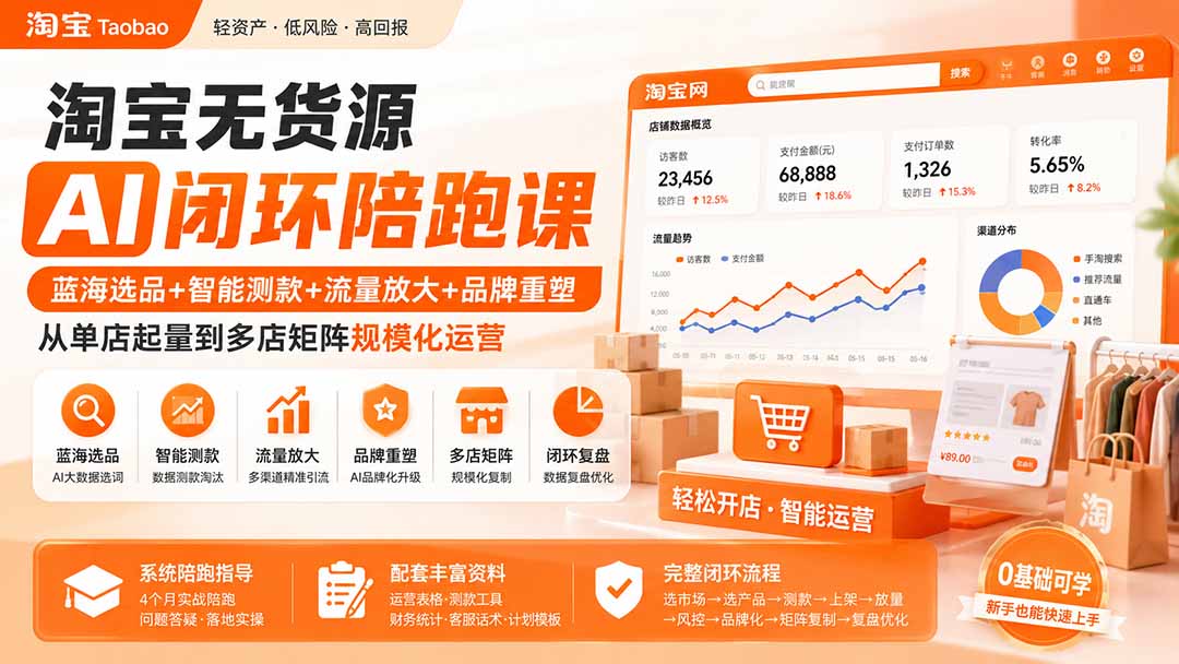 淘宝无货源AI闭环陪跑课：蓝海选品+智能测款+流量放大+品牌重塑，从单店起量到多店矩阵规模化运营-爱搭资源网