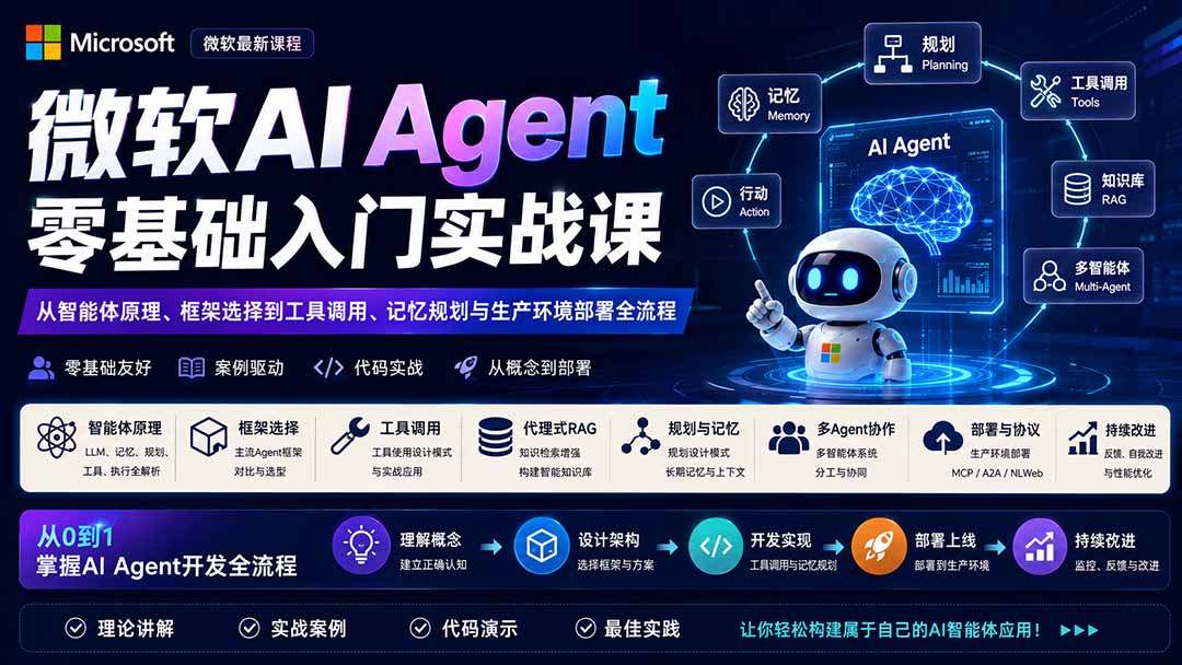 微软AI Agent零基础入门实战课：从智能体原理、框架选择到工具调用、记忆规划与生产环境部署全流程-爱搭资源网