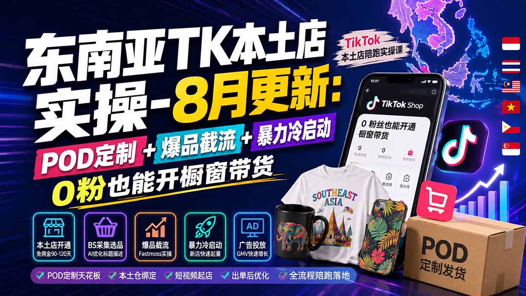 东南亚TK本土店实操-8月更新：POD定制+爆品截流+暴力冷启动，0粉也能开橱窗带货-爱搭资源网