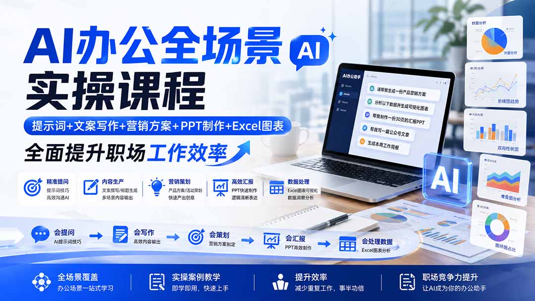 AI办公全场景实操课程：提示词+文案写作+营销方案+PPT制作+Excel图表，全面提升职场工作效率-爱搭资源网