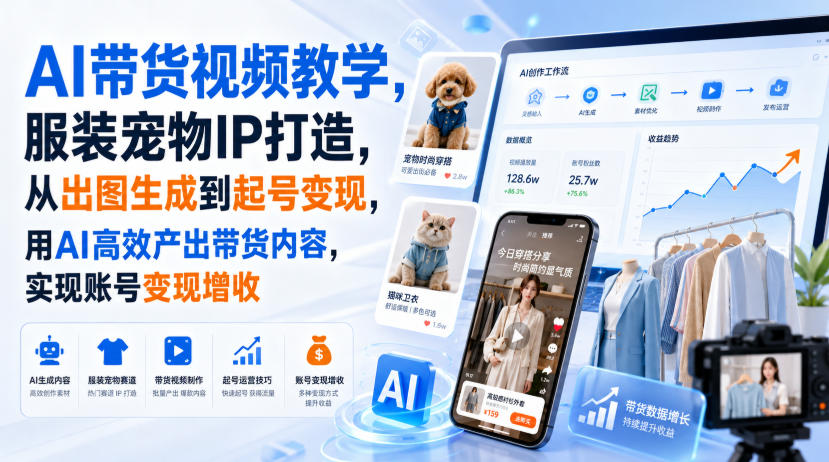 AI带货视频教学，服装宠物IP打造，从出图生成到起号变现，用AI高效产出带货内容，实现账号变现增收-爱搭资源网