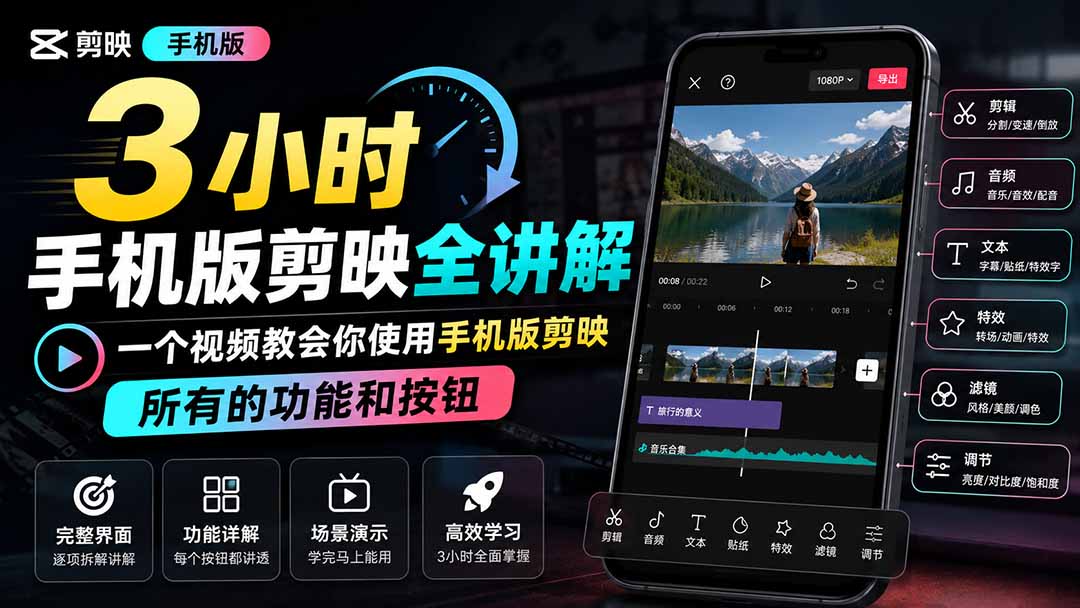 3小时手机版剪映全讲解，一个视频教会你使用手机版剪映，所有的功能和按钮-爱搭资源网
