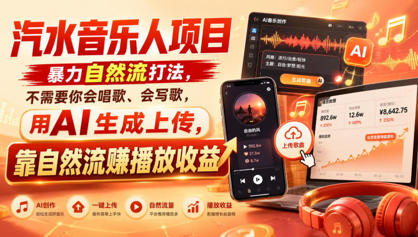 汽水音乐人项目，暴力自然流打法，不需要你会唱歌、会写歌，用AI生成上传，靠自然流賺播放收益-爱搭资源网