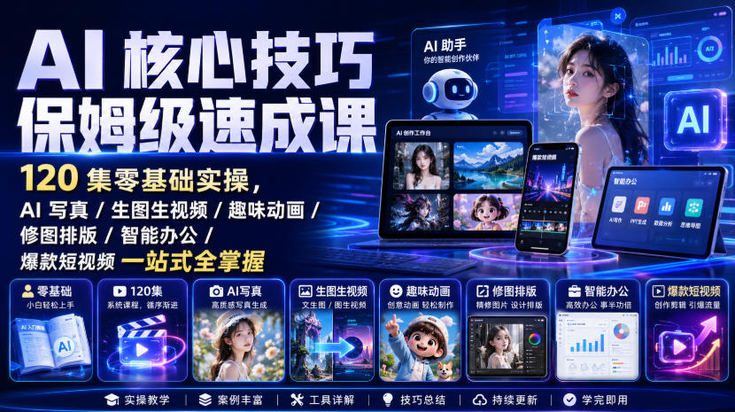 AI核心技巧保姆级速成课｜120集零基础实操，AI写真/生图生视频/趣味动画/修图排版/智能办公/爆款短视频一站式全掌握(更新)-爱搭资源网