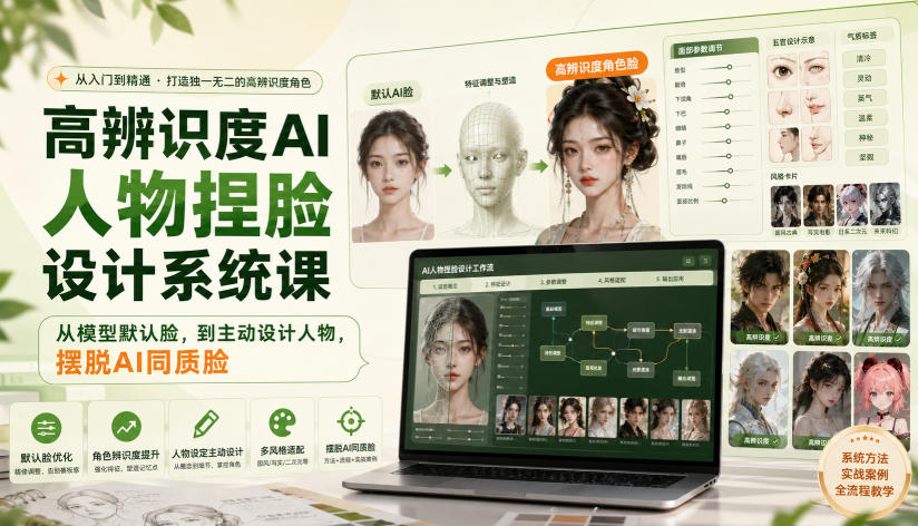 高辨识度AI人物捏脸设计系统课，从模型默认脸，到主动设计人物，摆脱AI同质脸-爱搭资源网
