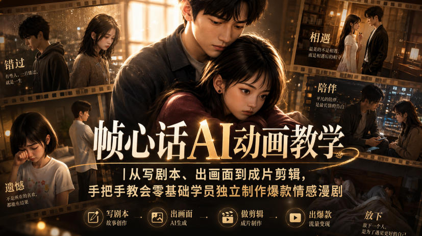 帧心话AI动画教学｜从写剧本、出画面到成片剪辑，手把手教会零基础学员独立制作爆款情感漫剧-爱搭资源网