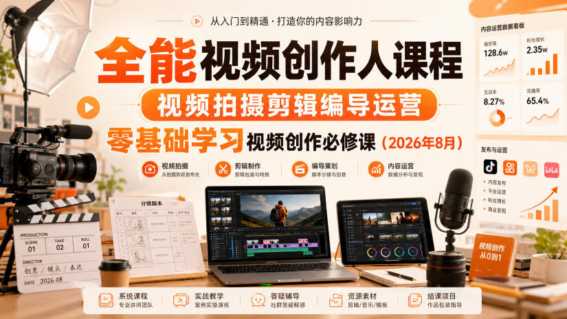 全能视频创作人课程，视频拍摄剪辑编导运营，零基础学习视频创作必修课(2026年8月)-爱搭资源网
