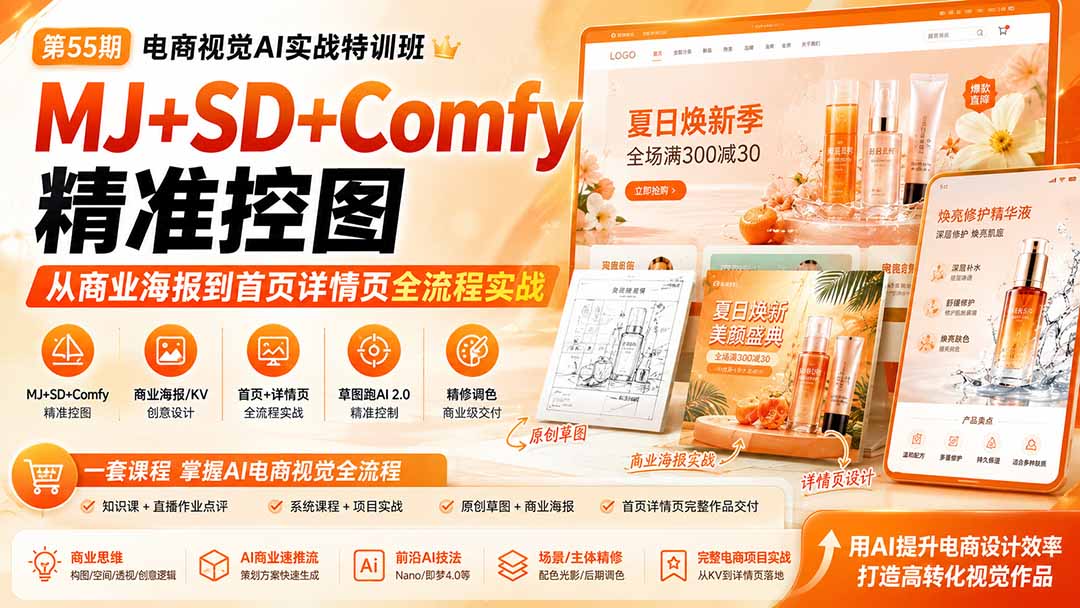 电商视觉 AI实战训练营第55期：MJ+SD+Comfy精准控图，从商业海报到首页详情页全流程实战-爱搭资源网
