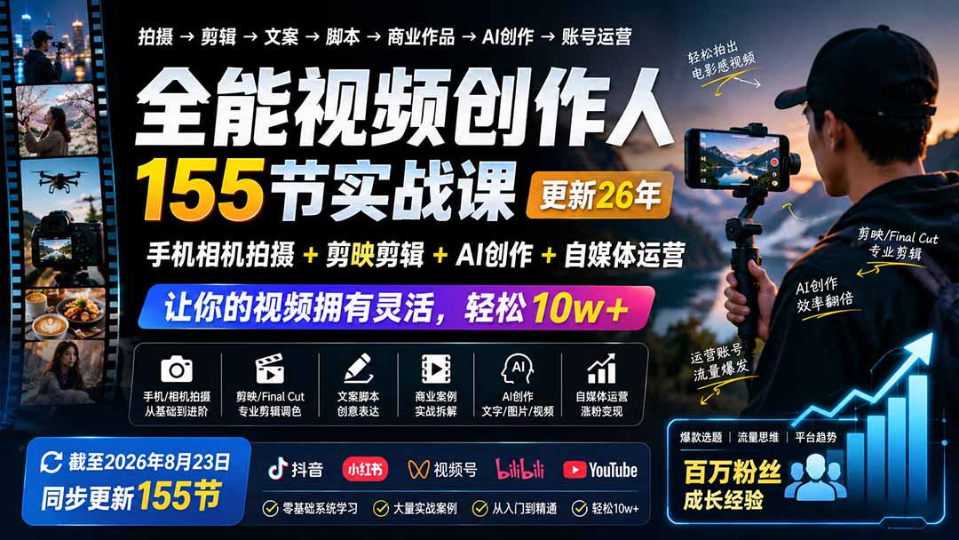 全能视频创作人155节实战课-更新26年8月：手机相机拍摄+剪映剪辑+AI创作+自媒体运营，让你的视频拥有灵活，轻松10w-爱搭资源网