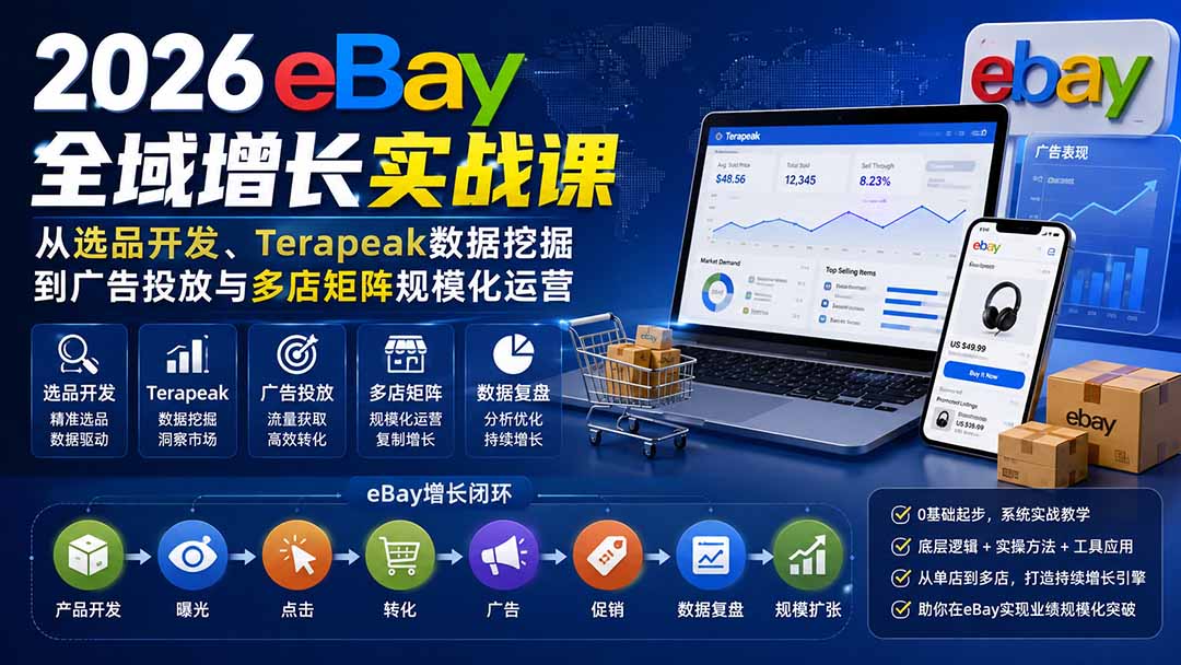 2026-Vincent eBay全域增长实战课-无水印：从选品开发、Terapeak数据挖掘到广告投放与多店矩阵规模化运营-爱搭资源网
