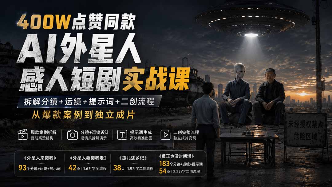 400W点赞同款AI外星人感人短剧实战课：拆解分镜+运镜+提示词+二创流程，从爆款案例到独立成片-爱搭资源网