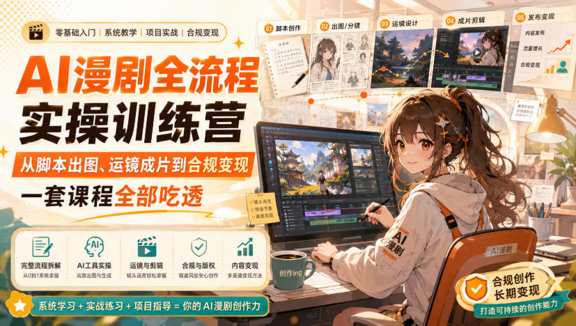 AI漫剧全流程实操训练营，从脚本出图、运镜成片到合规变现，一套课程全部吃透-爱搭资源网