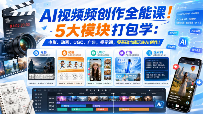 AI视频频创作全能课！5大模块打包学：电影、动画、UGC、广告、提示词，零基础也能玩转AI创作！【原创双语字幕】-爱搭资源网