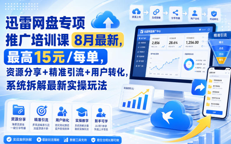迅雷网盘专项推广培训课8月最新，最高15米/每单，资源分享+精准引流+用户转化，系统拆解最新实操玩法(更新0824)-爱搭资源网