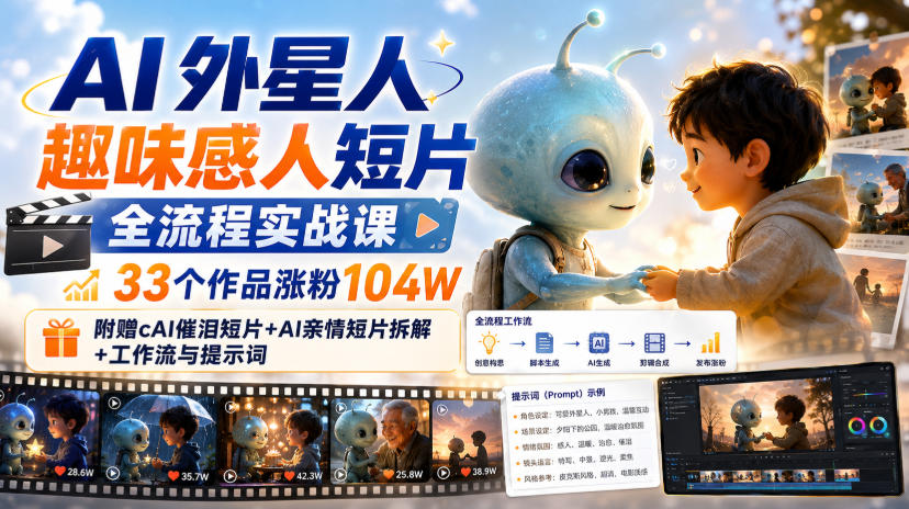 AI外星人趣味感人短片全流程实战课，33个作品涨粉104W，附赠AI催泪短片+AI亲情短片拆解+工作流与提示词-爱搭资源网