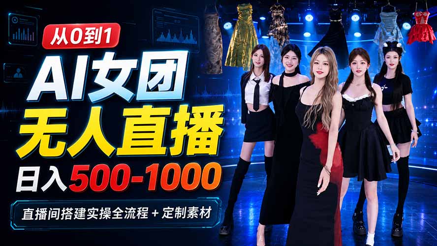 AI 女团无人直播，躺入500-1000每天，直播间搭建实操全流程+定制素材-爱搭资源网