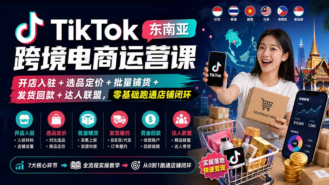 TikTok东南亚跨境电商运营课：开店入驻+选品定价+批量铺货+发货回款+达人联盟，零基础跑通店铺闭环-爱搭资源网