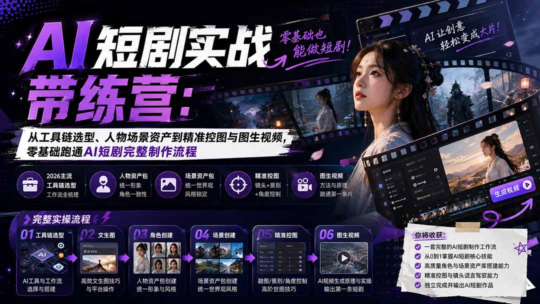AI短剧实战训练营：从工具链选型、人物场景资产到精准控图与图生视频，零基础跑通AI短剧完整制作流程-爱搭资源网