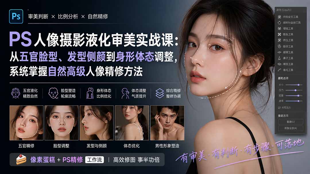 PS人像摄影液化审美实战课：从五官脸型、发型侧颜到身形体态调整，系统掌握自然高级人像精修方法-爱搭资源网