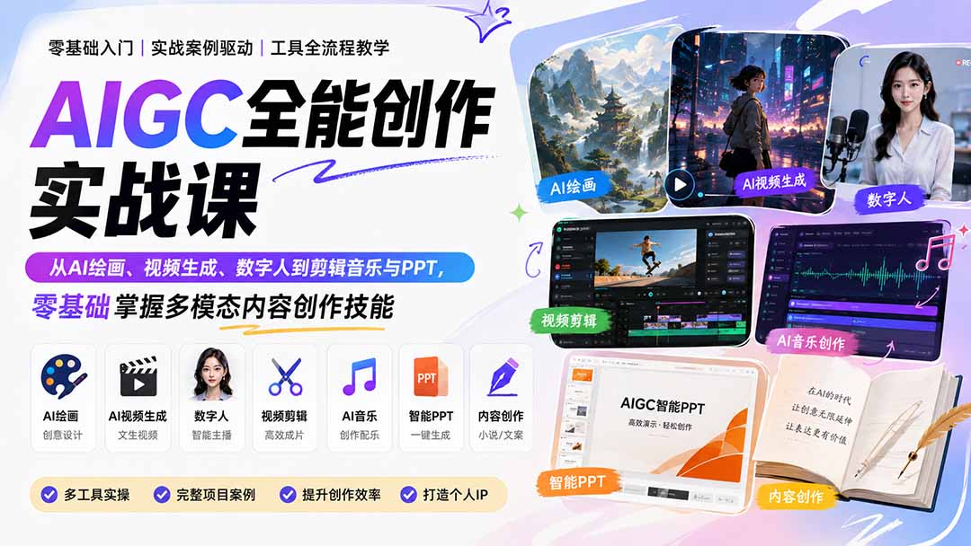 AIGC全能创作实战课：从AI绘画、视频生成、数字人到剪辑音乐与PPT，零基础掌握多模态内容创作技能-爱搭资源网