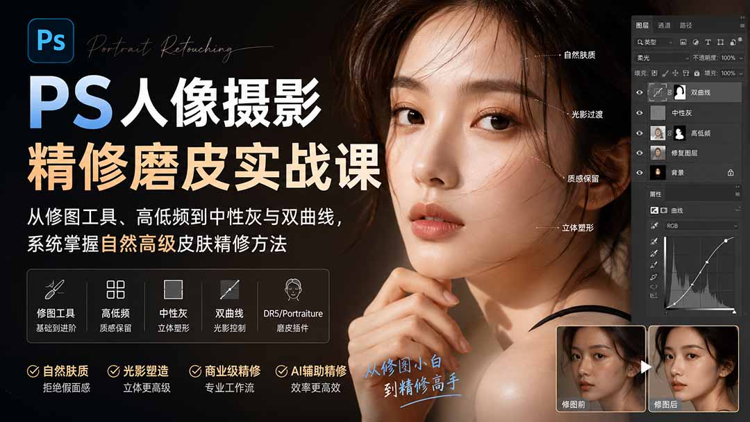 PS人像摄影精修磨皮实战课：从修图工具、高低频到中性灰与双曲线，系统掌握自然高级皮肤精修方法-爱搭资源网