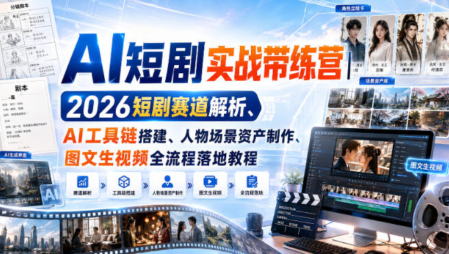 AI短剧实战带练营｜2026短剧赛道解析、AI工具链搭建、人物场景资产制作、图文生视频全流程落地教程-爱搭资源网