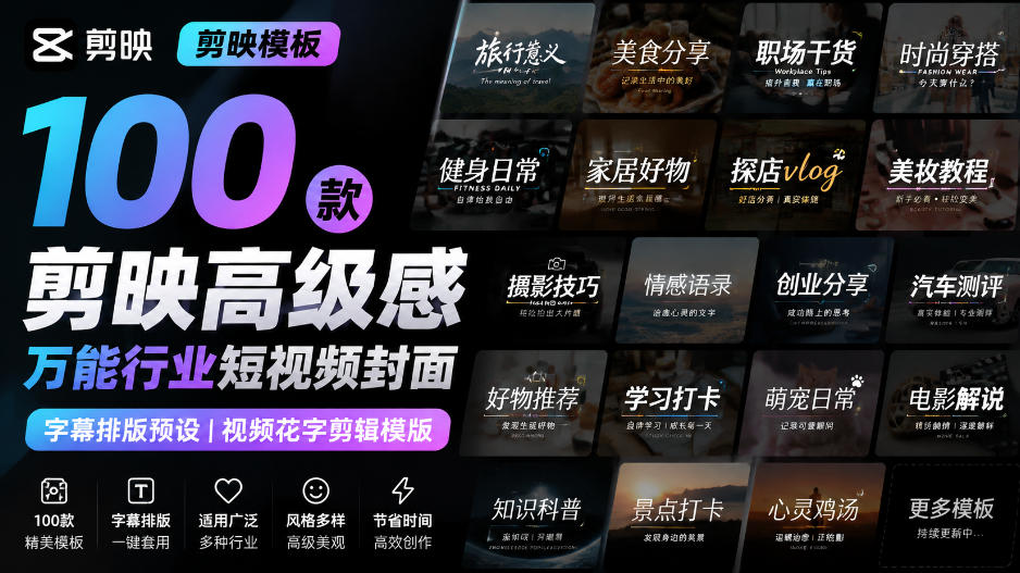【剪映模板】100款剪映高级感万能行业短视频封面字幕排版预设视频花字剪辑模版-爱搭资源网