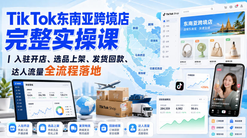 TikTok东南亚跨境店完整实操课｜入驻开店、选品上架、发货回款、达人流量全流程落地-爱搭资源网