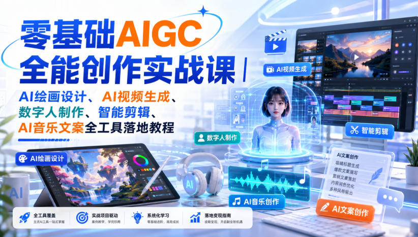 零基础AIGC全能创作实战课｜AI绘画设计、AI视频生成、数字人制作、智能剪辑、AI音乐文案全工具落地教程-爱搭资源网