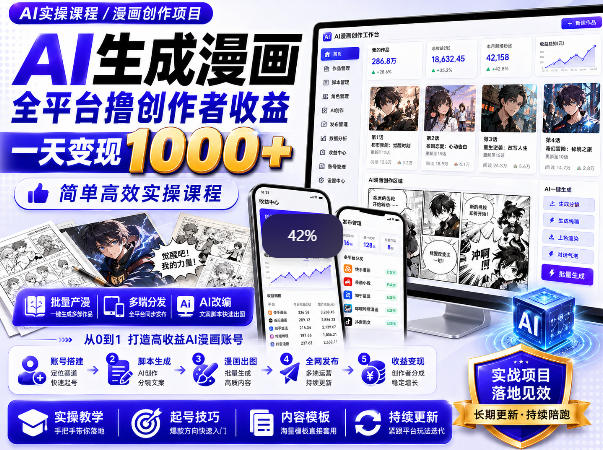 AI生成漫画全平台撸创作者收益内部课程，实操最高单日变现1k+-爱搭资源网