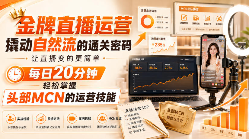 金牌直播运营撬动自然流的通关密码，让直播变的更简单，每日20分钟，轻松掌握头部MCN的运营技能-爱搭资源网