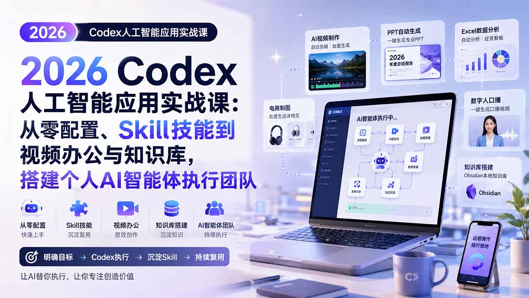 2026 Codex人工智能应用实战课：从零配置、Skill技能到视频办公与知识库，搭建个人AI智能体执行团队-爱搭资源网