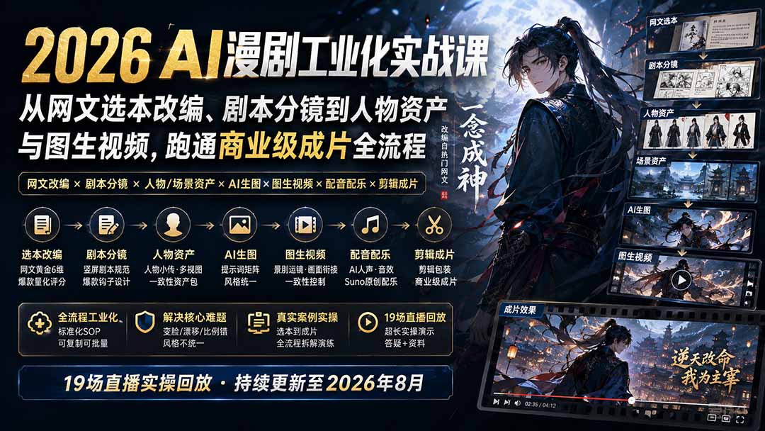 2026 AI漫剧工业化实战课-更新：从网文选本改编、剧本分镜到人物资产与图生视频，跑通商业级成片全流程-爱搭资源网