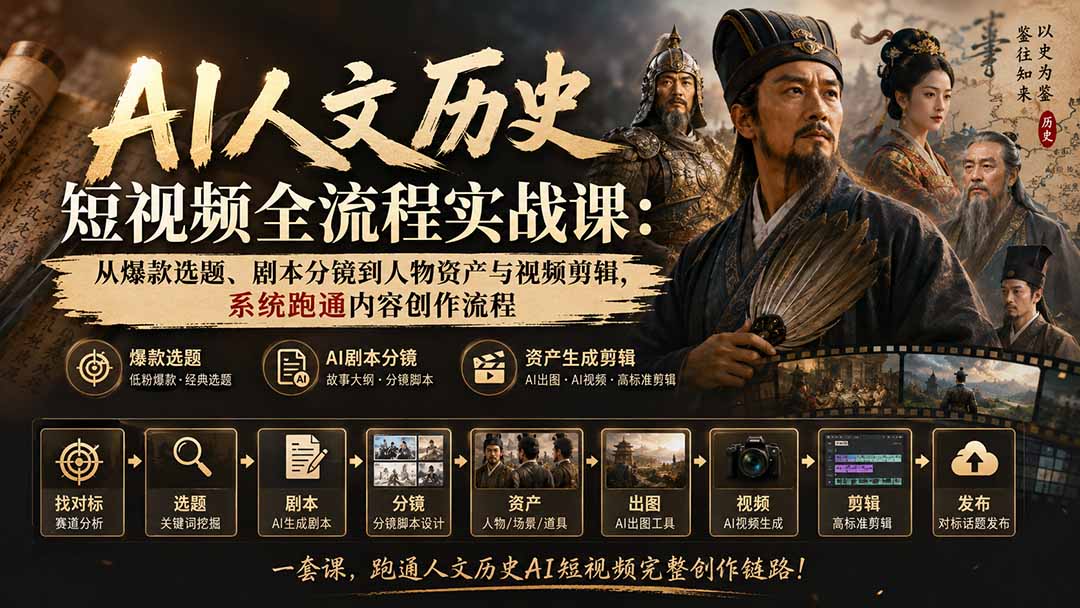 AI人文历史短视频全流程实战课：从爆款选题、剧本分镜到人物资产与视频剪辑，系统跑通内容创作流程-爱搭资源网