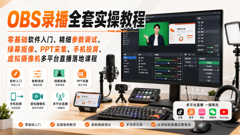 OBS录播全套实操教程｜零基础软件入门、精细参数调试、绿幕抠像、手机投屏、虚拟摄像机多平台直播落地课程-爱搭资源网